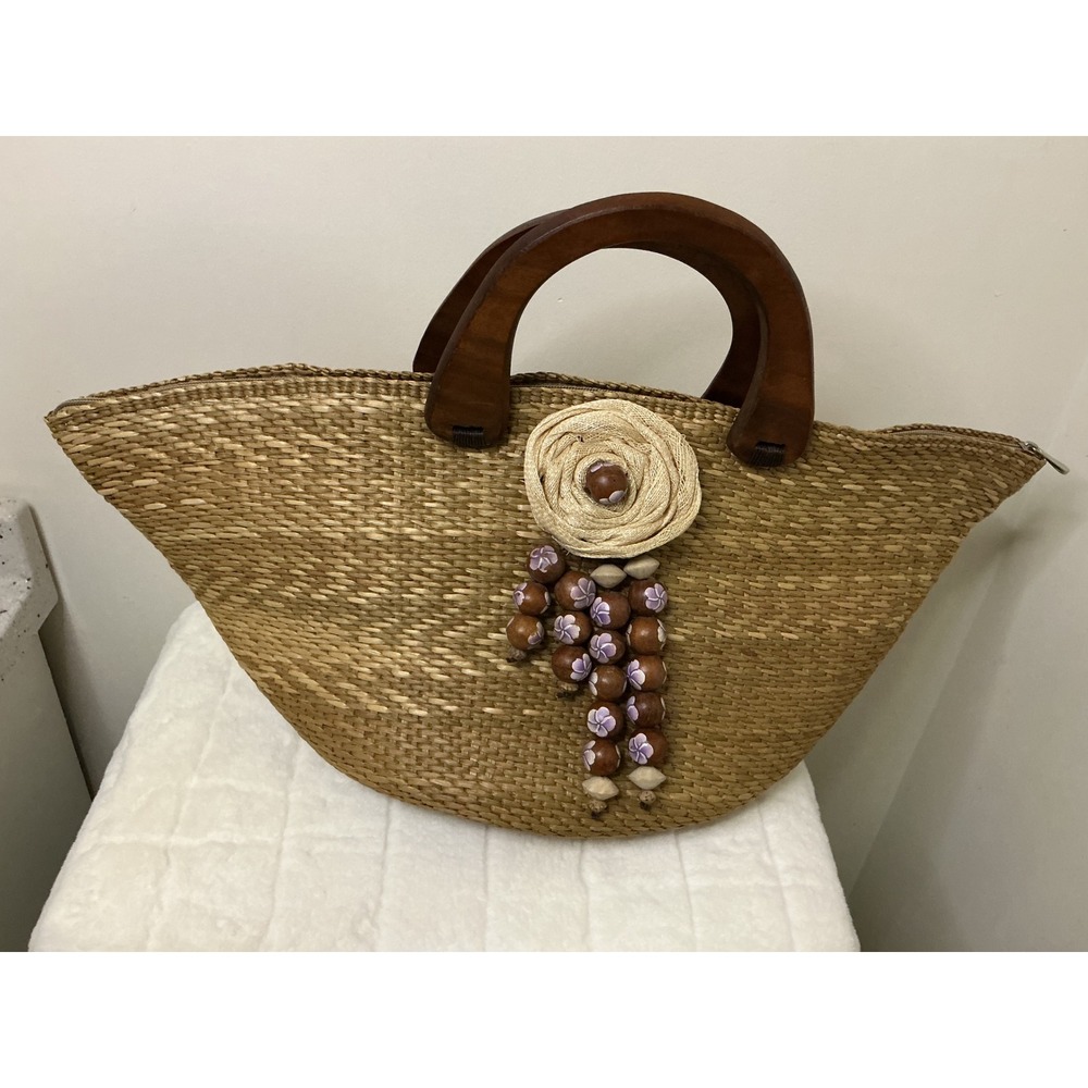 Woven Straw Tote Bag Wood Handles‎ Beaded Floral Accent Boho Beach Fan Bag Brown